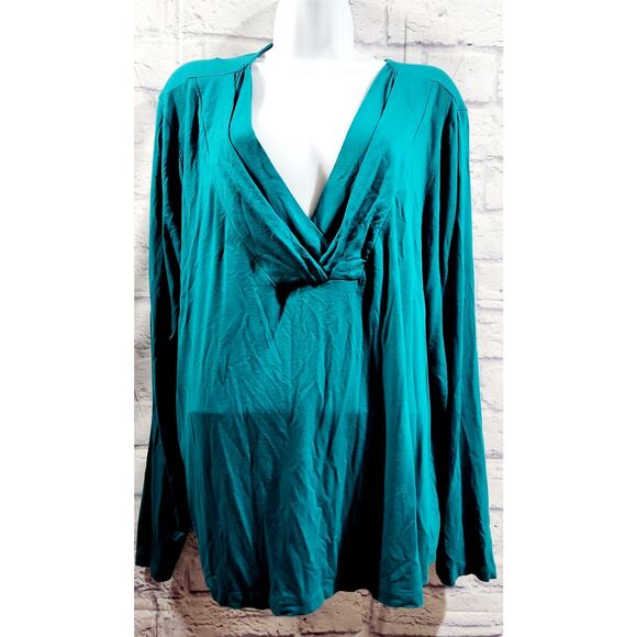 Coldwater Creek Teal Blue Green V Neck Pleated Long Sleeve Top 3X Plus Flowy - Picture 1 of 4